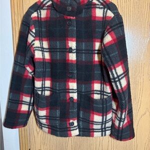 Christopher & Banks Plaid Pea Coat - Red, Black, and Cream size M